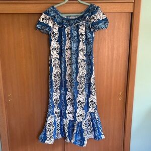 Blue and White Hawaiian Floral Maxi Dress